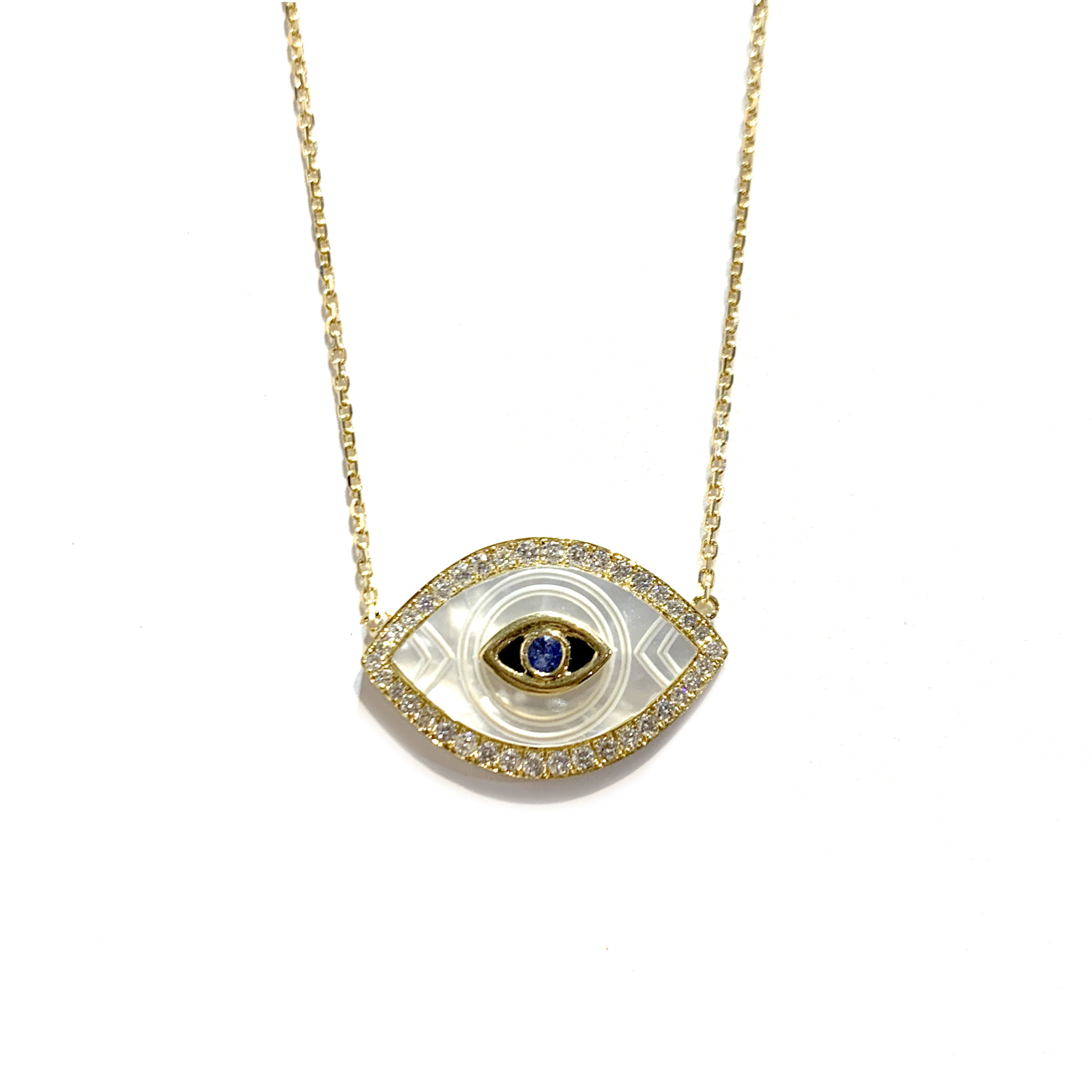 Carved Mother of Pearl and Blue Sapphire Eye Necklace