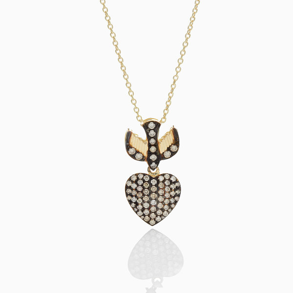 ird Holding Heart Necklace made of 18K Gold and Champagne Diamond on a 16"-18" Gold Chain