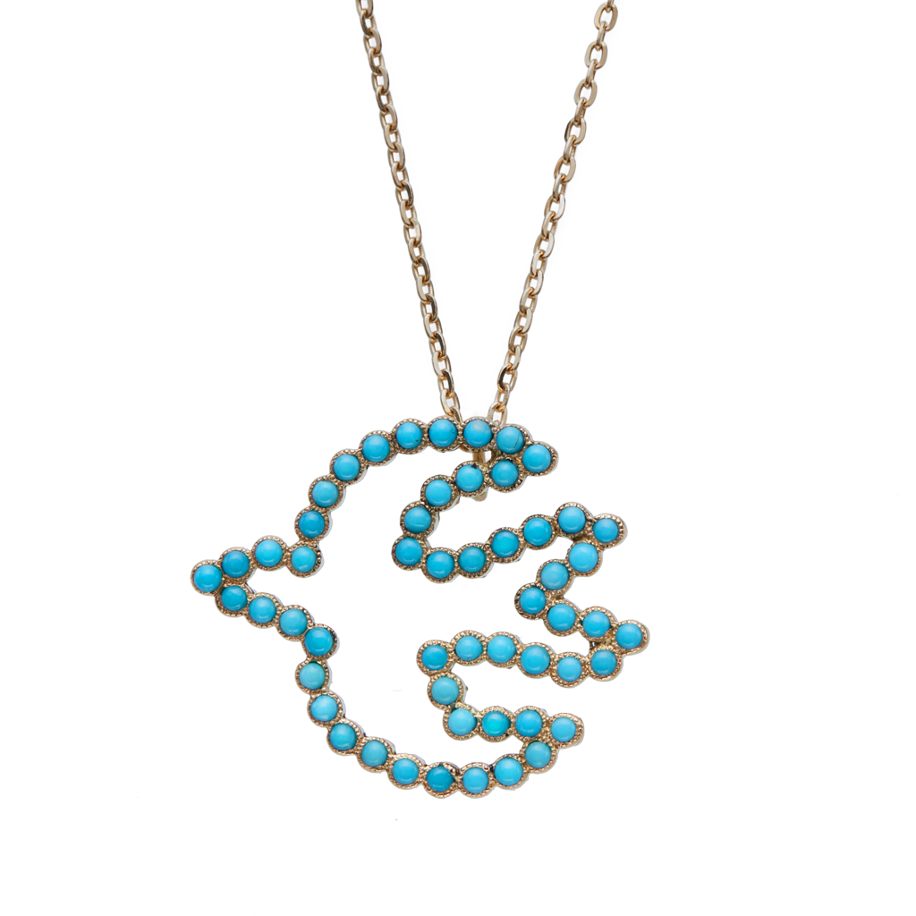 Turq Bird Necklace, 18K Gold & 2mm Sleeping Beauty Turquoise Cabochons