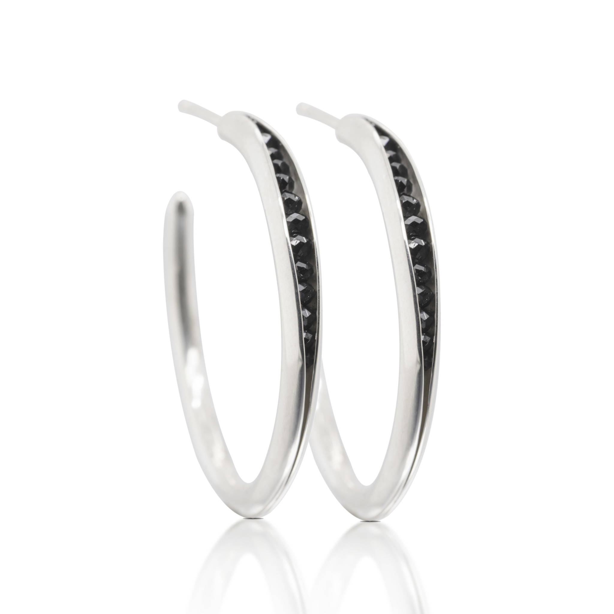 Polished hoop earrings with black diamond rondels, 34mm diameter, sterling silver