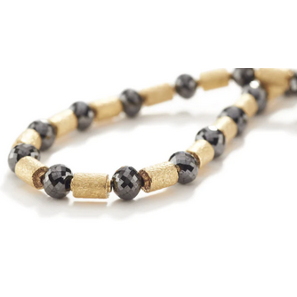 Necklace; Black diamond and 18k yellow gold barrel bead spacer necklace