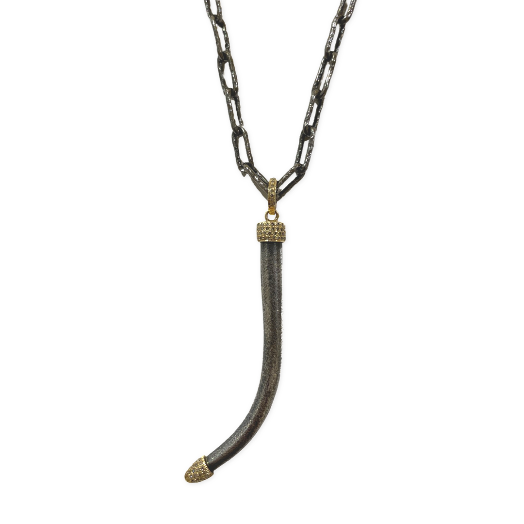 Silver tusk with diamonds and gold on oxidized silver chain