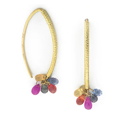Navette Wire Earrings with Multicolored Sapphire Drops