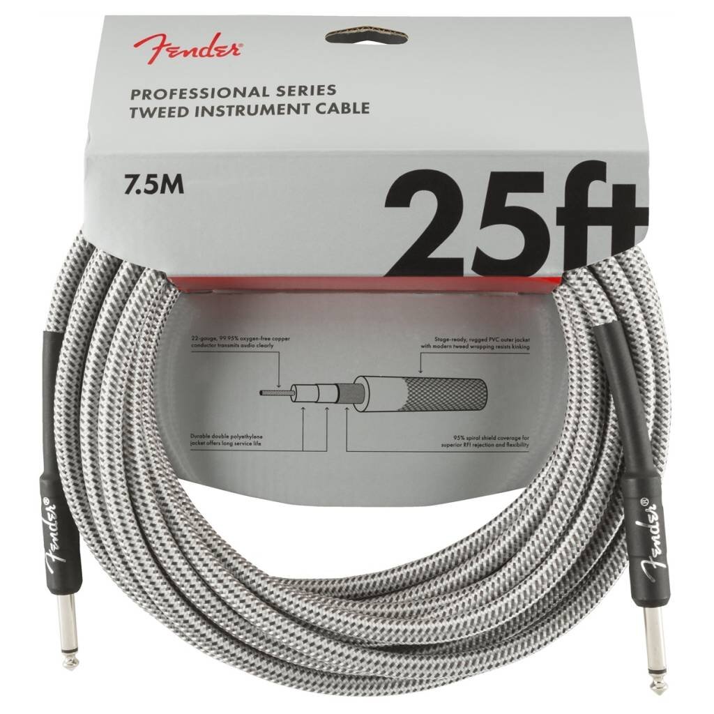 Fender NEW Fender Professional Series Cable 25' Straight/Straight - White Tweed