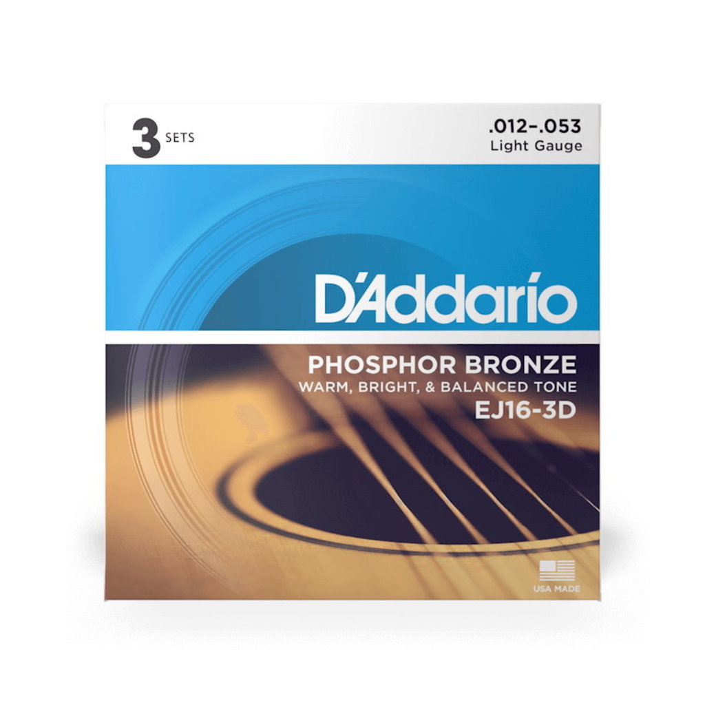 D'Addario NEW D'Addario EJ16 Phosphor Bronze Acoustic Strings - Light - .012-.053 - 3 Pack