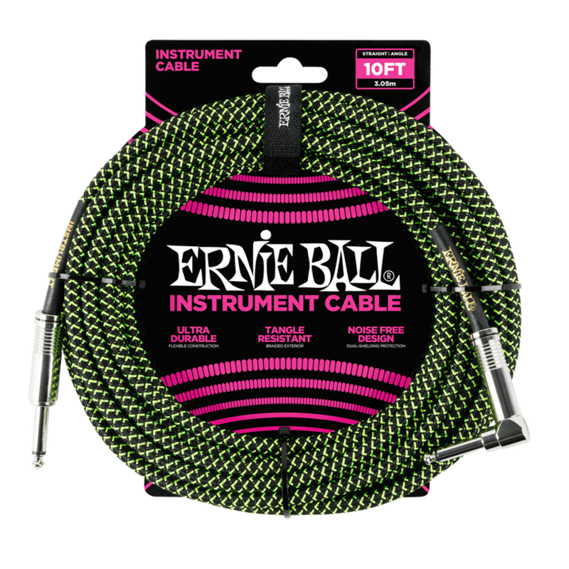 Ernie Ball NEW Ernie Ball Braided Instrument Cable - Straight/Right - Black/Green - 10'