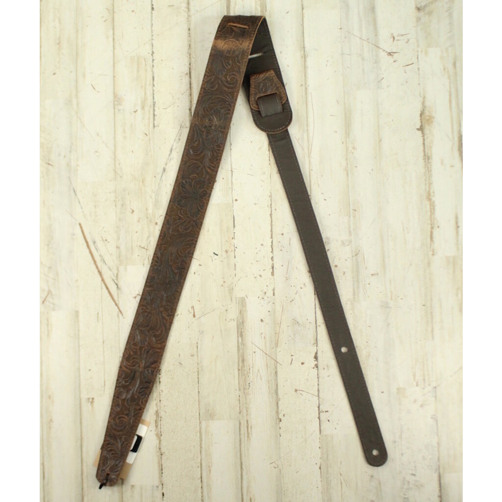 LM NEW LM Western Tooled Leather Guitar Strap - Brown