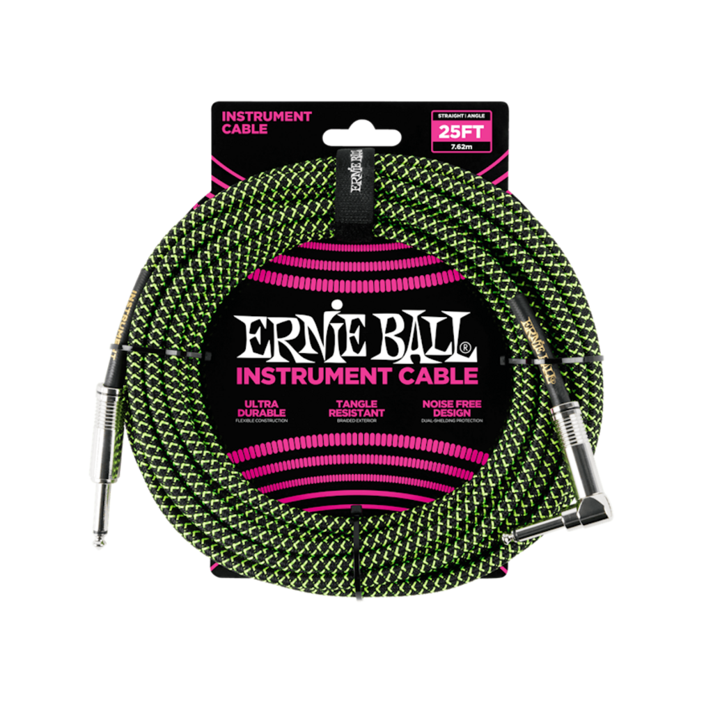 Ernie Ball NEW Ernie Ball Braided Cable - Straight/Angle - Black/Green - 25'