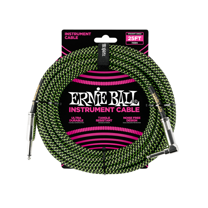Ernie Ball NEW Ernie Ball Braided Cable - Straight/Angle - Black/Green - 25'