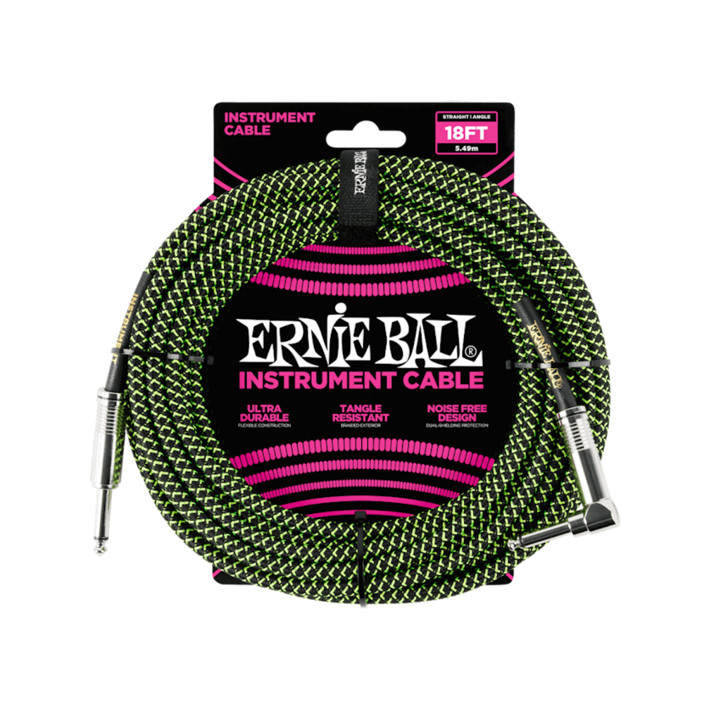 Ernie Ball NEW Ernie Ball Braided Cable - Straight/Angle - Black/Green - 18'