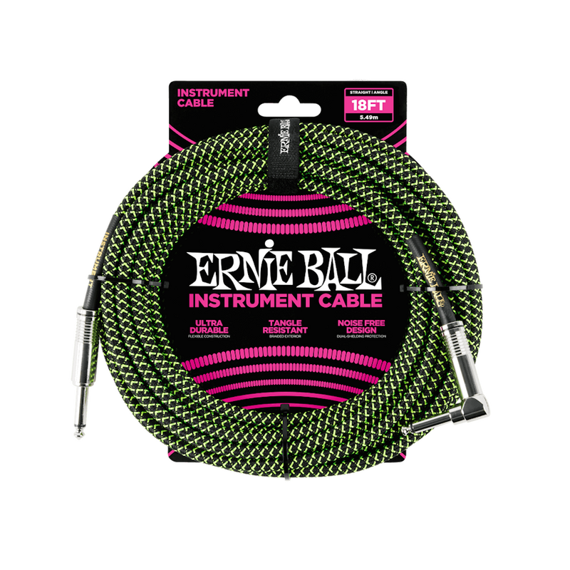 Ernie Ball NEW Ernie Ball Braided Cable - Straight/Angle - Black/Green - 18'