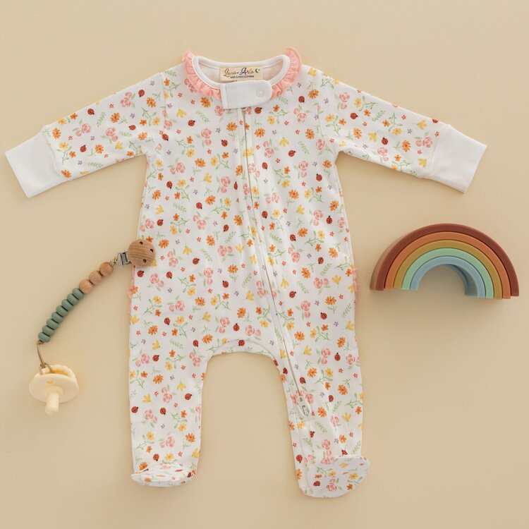 MAGNOLIA BABY Bugs and Blossoms Ruffle Zipper Footie