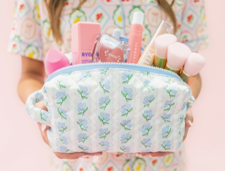 ROCK PAPER SCISSORS Floral Quilted Cosmetic Pouch With Side Handle