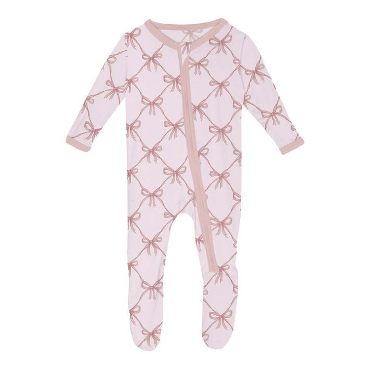 KICKEE PANTS Bow Lattice 2 Way Zipper Footie