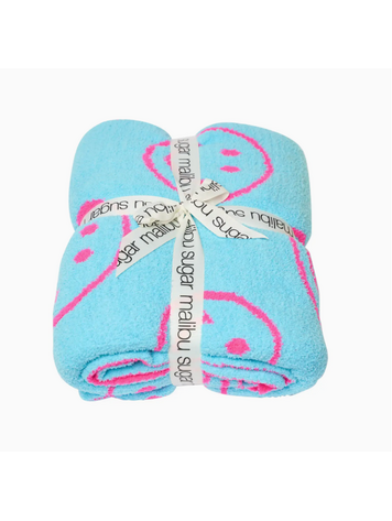 MALIBU SUGAR Happy Face & Lightning Plush Blankets - Sky Blue