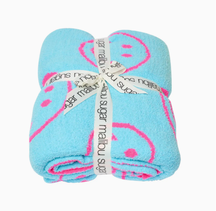 MALIBU SUGAR Happy Face & Lightning Plush Blankets - Sky Blue