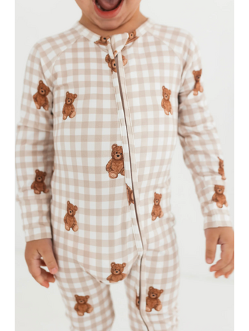 IN MY JAMMERS Teddy Gingham Zipper Romper
