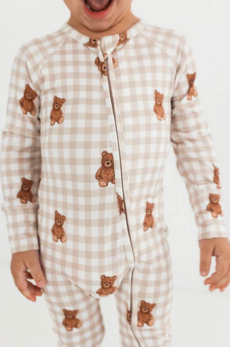 IN MY JAMMERS Teddy Gingham Zipper Romper