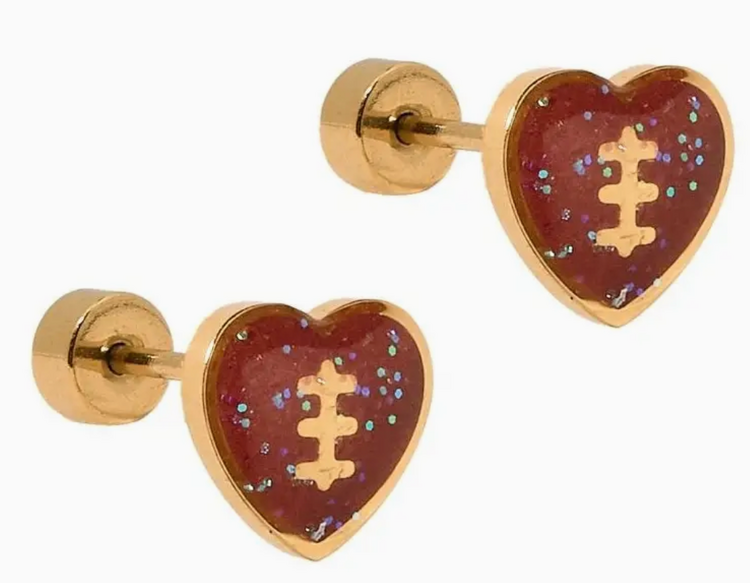 LINNY CO Football Heart Screwback Stud Earrings