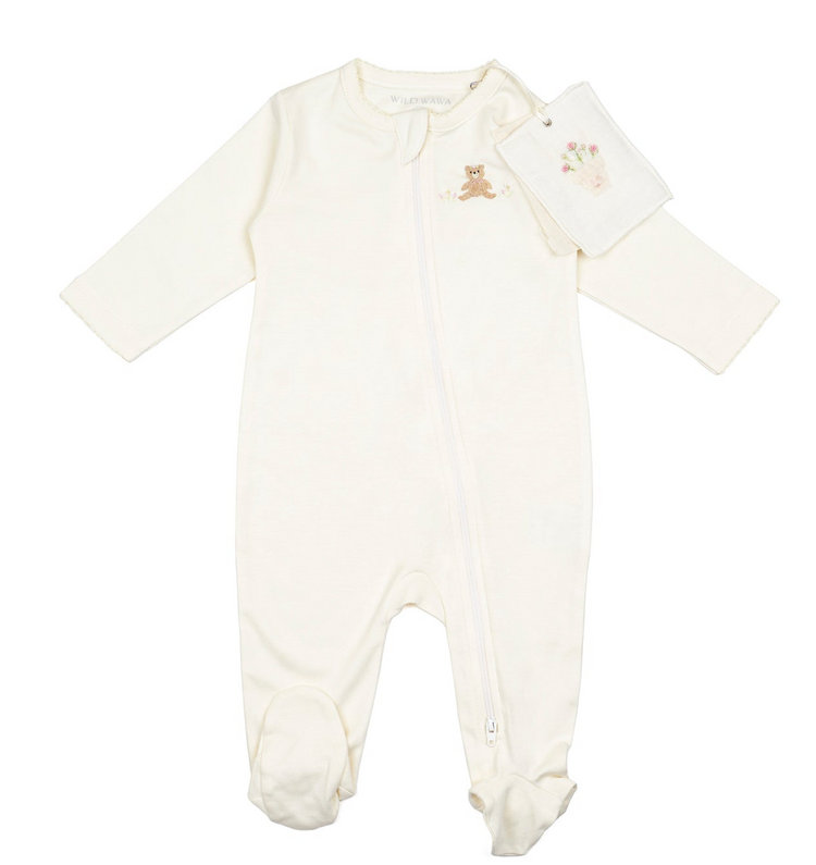 WILD WAWA Bear With Flowers Pima Footie
