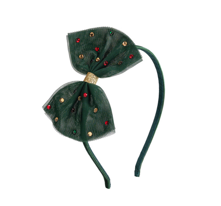 SWEET WINK Emerald Rhinestone Tulle Bow Headband