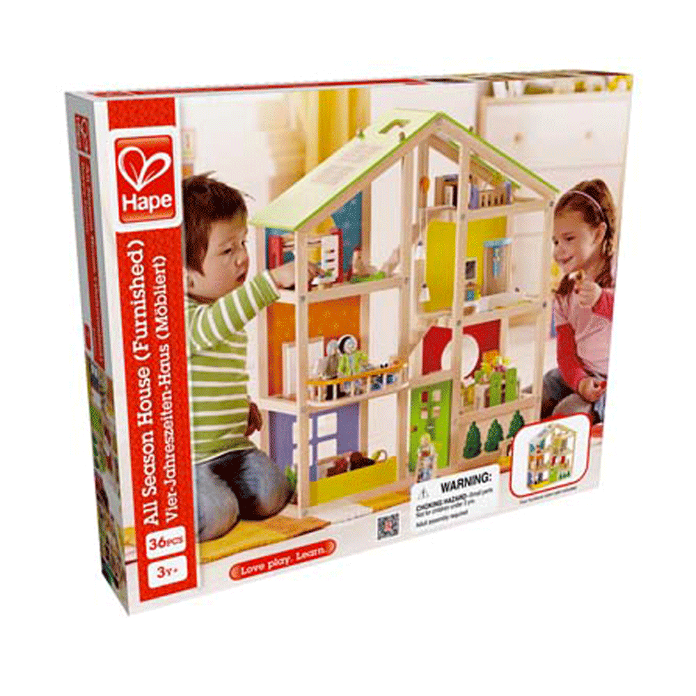 All Seasons Kids Wooden Dollhouse by Hape | Award Winning 3 Story Dolls  House Toy with Furniture, Accessories, Movable Stairs and Reversible Season