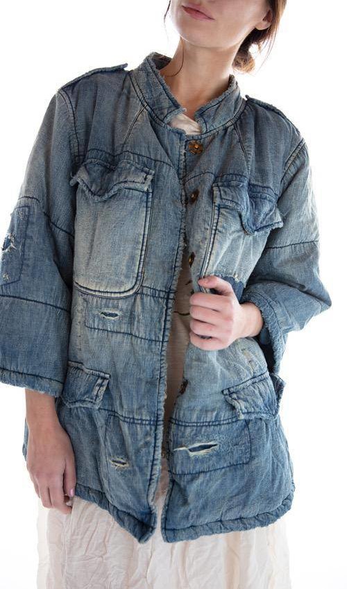 denim blouse with pearls