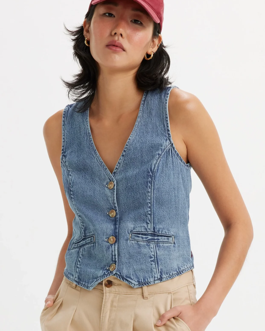 Women's Candy Color Button Down Denim Vest Slim Fit Sleeveless