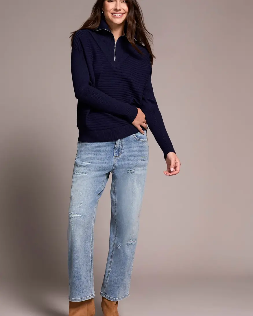 Tribal Sonica Zip Neck Sweater