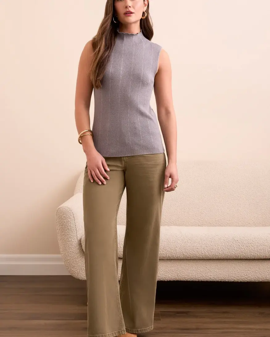 Tribal Scottie Slvs Mock Neck Top