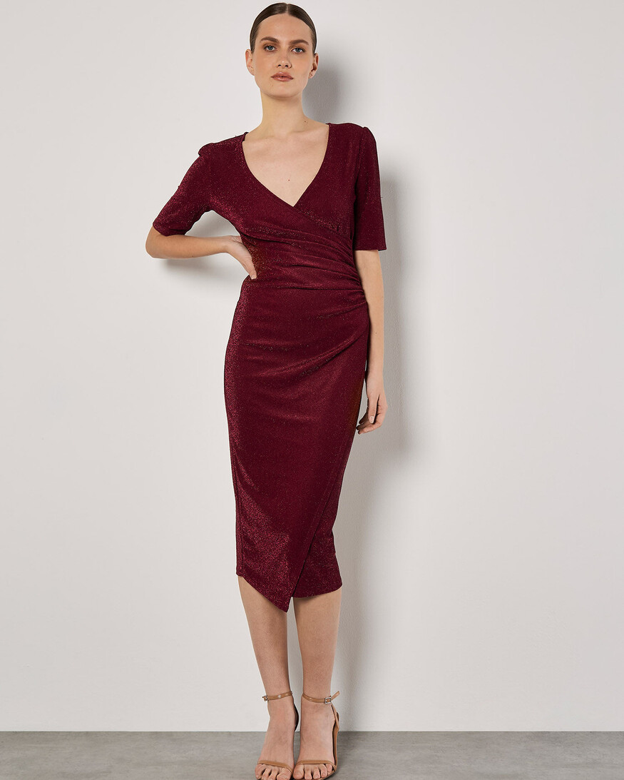 Apricot Foil Sparkle Side Ruched Dress