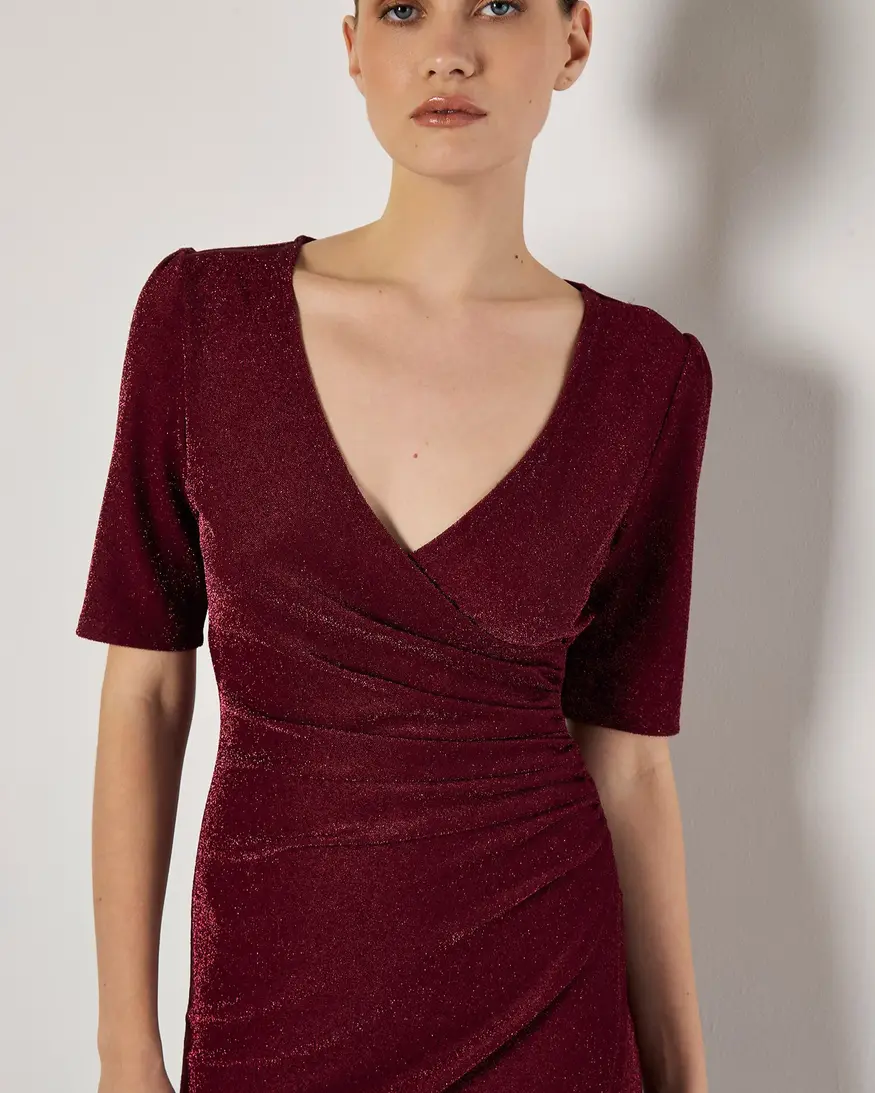 Apricot Foil Sparkle Side Ruched Dress