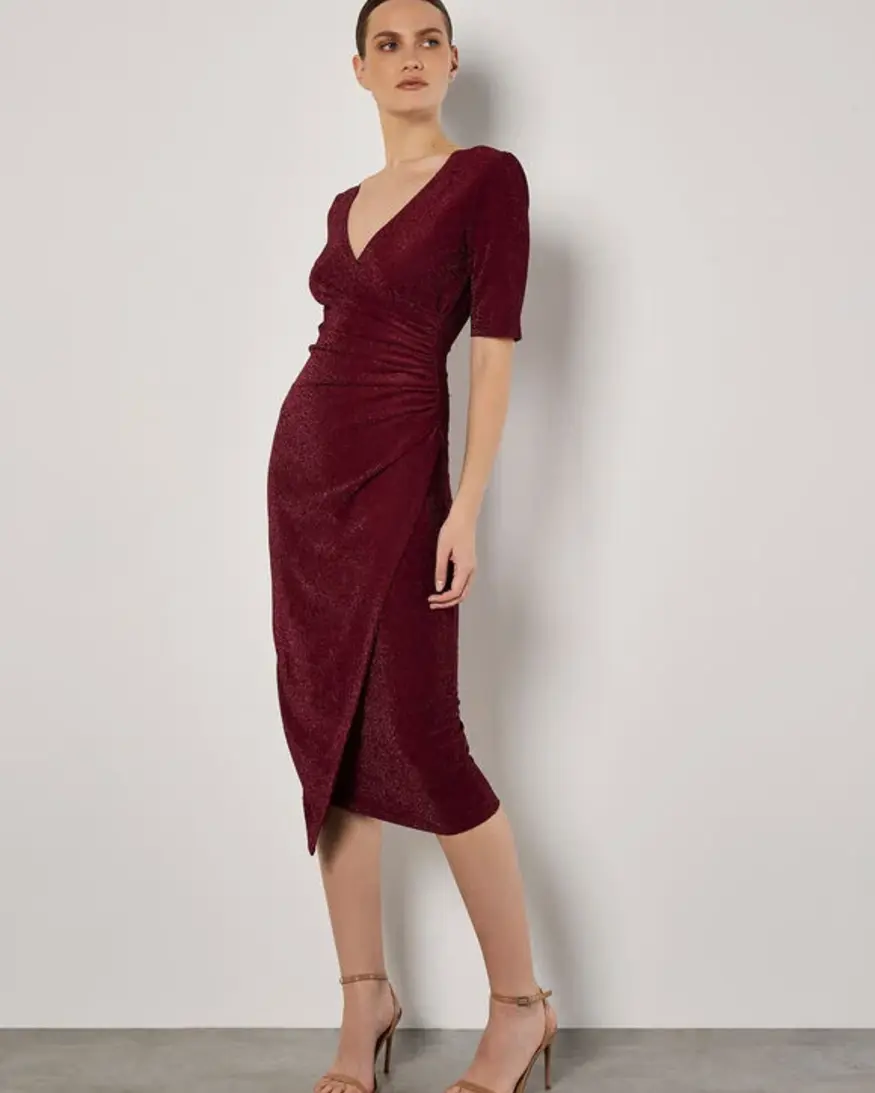 Apricot Foil Sparkle Side Ruched Dress