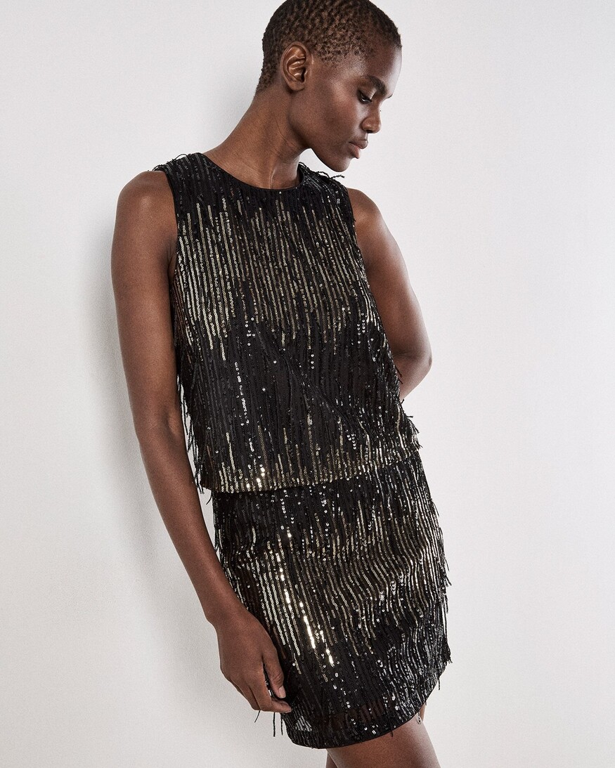 Apricot Sequin Stripe Fringe Top