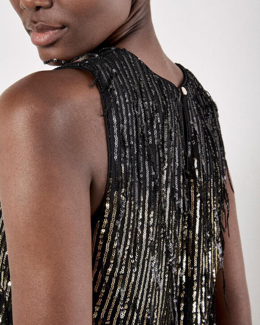 Apricot Sequin Stripe Fringe Top