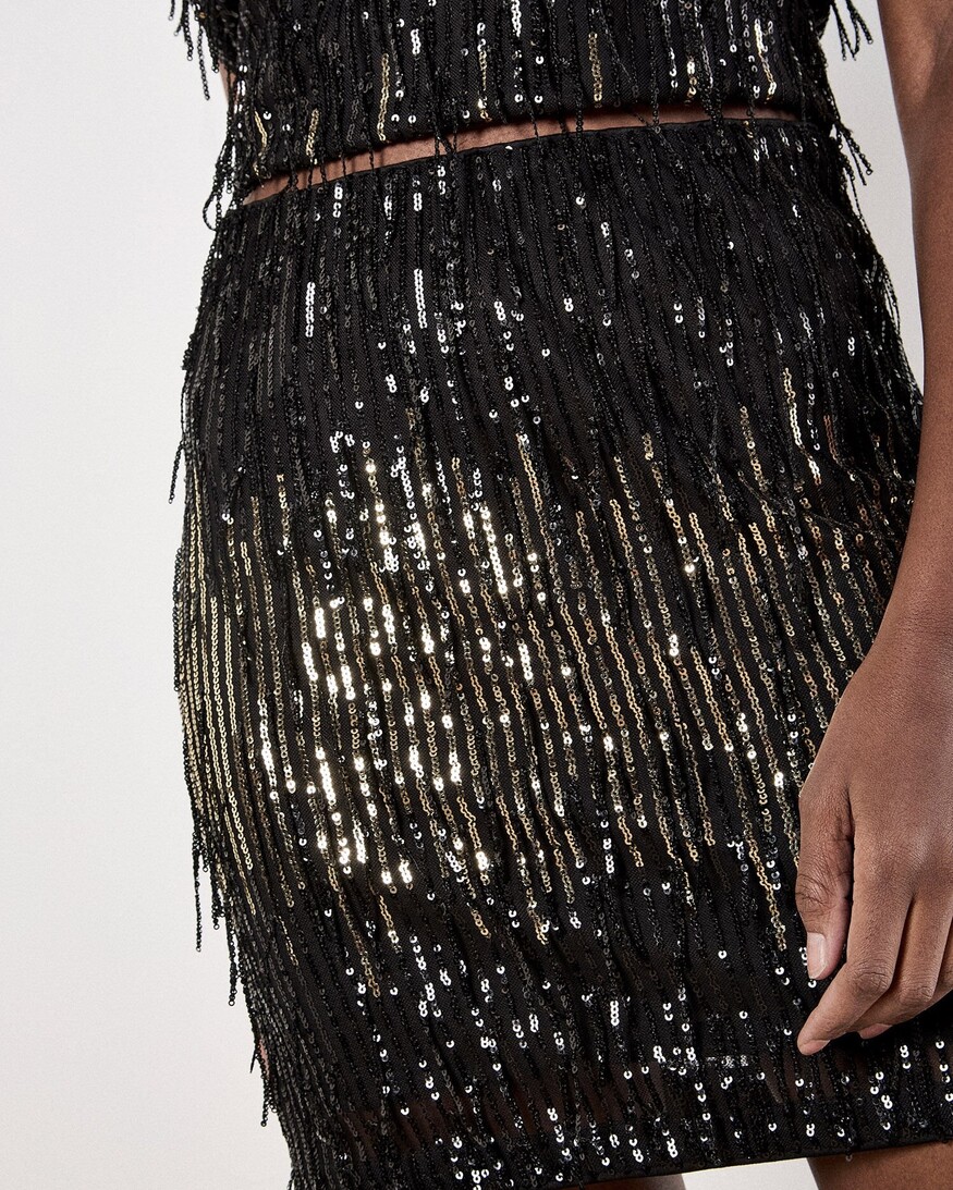 Apricot Sequin Stripe Fringe Skirt