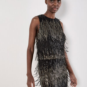 Apricot Sequin Stripe Fringe Skirt