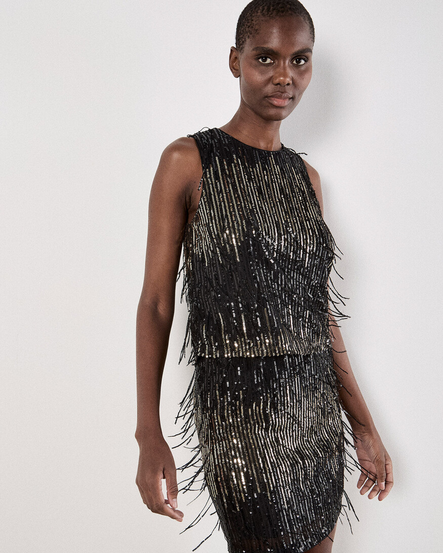 Apricot Sequin Stripe Fringe Skirt