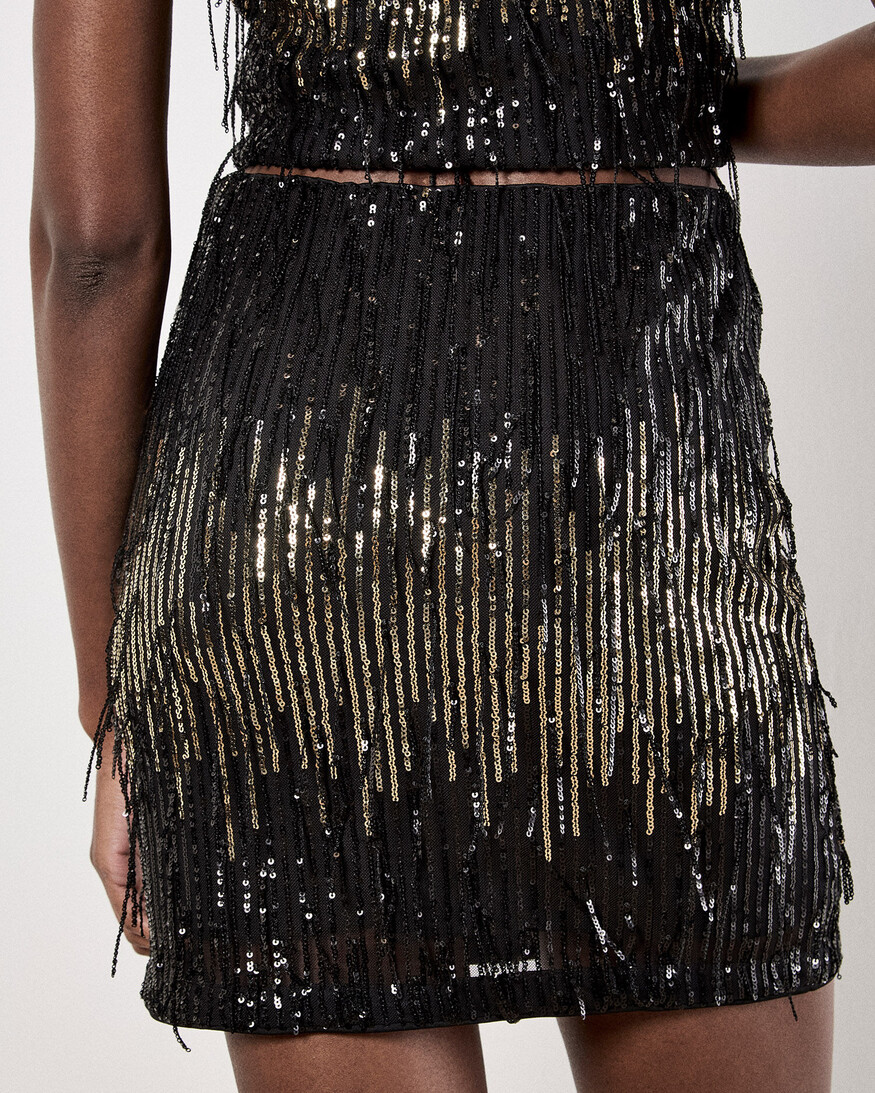 Apricot Sequin Stripe Fringe Skirt