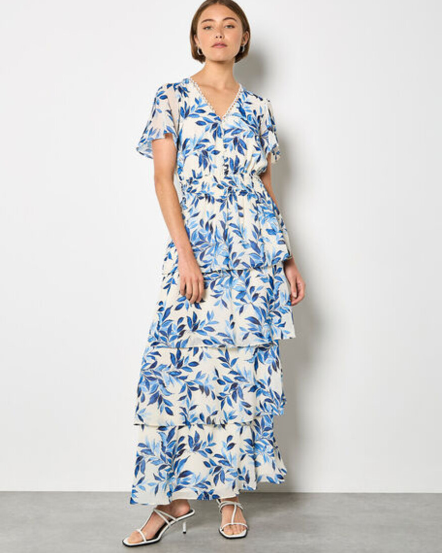 Apricot Tiered Leaf Print Dress