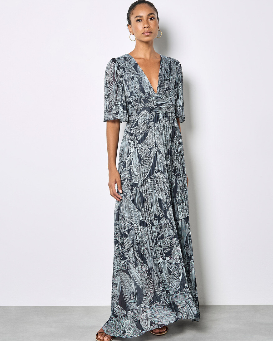 Apricot Chiffon Pleat Maxi Dress