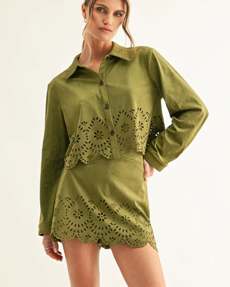 Adelyn Rae Lucia Faux Suede Crop Shirt