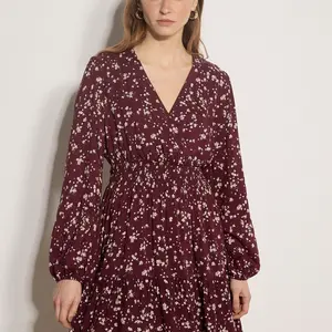 Apricot Daisy Spray Wrap Tiered Dress