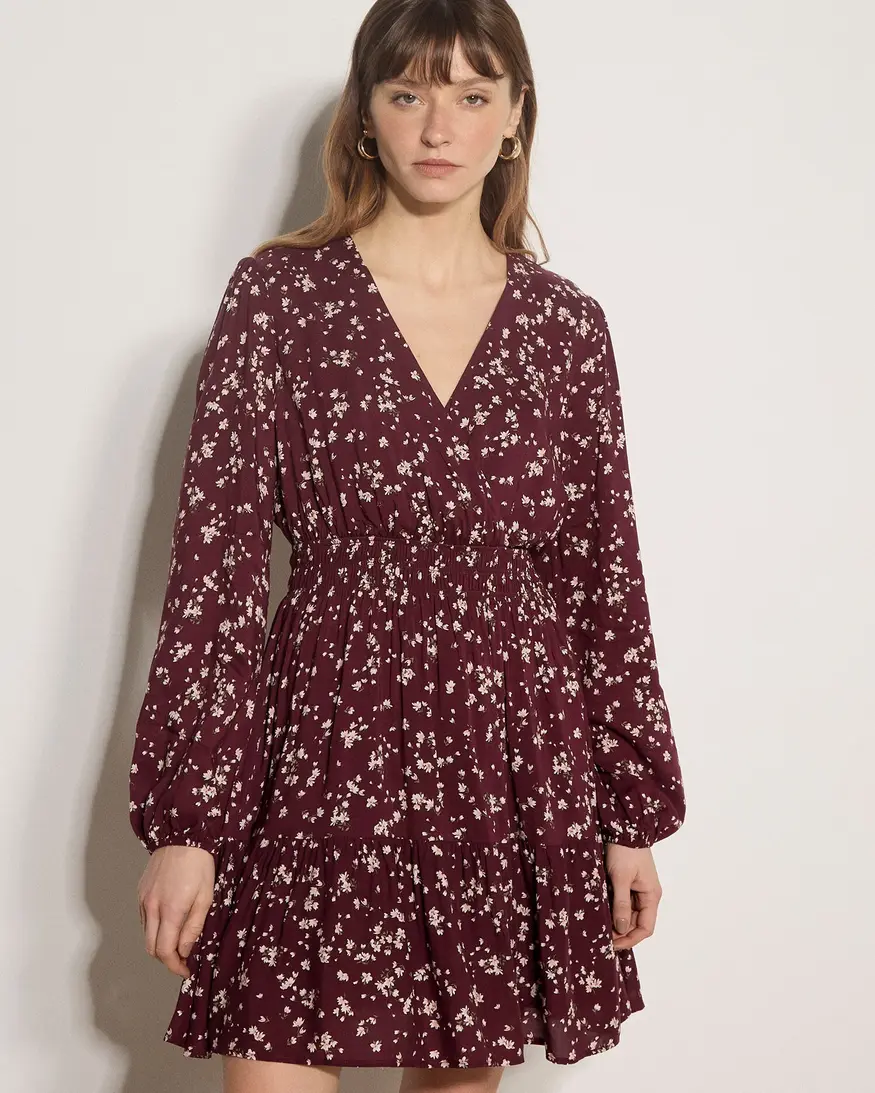 Apricot Daisy Spray Wrap Tiered Dress