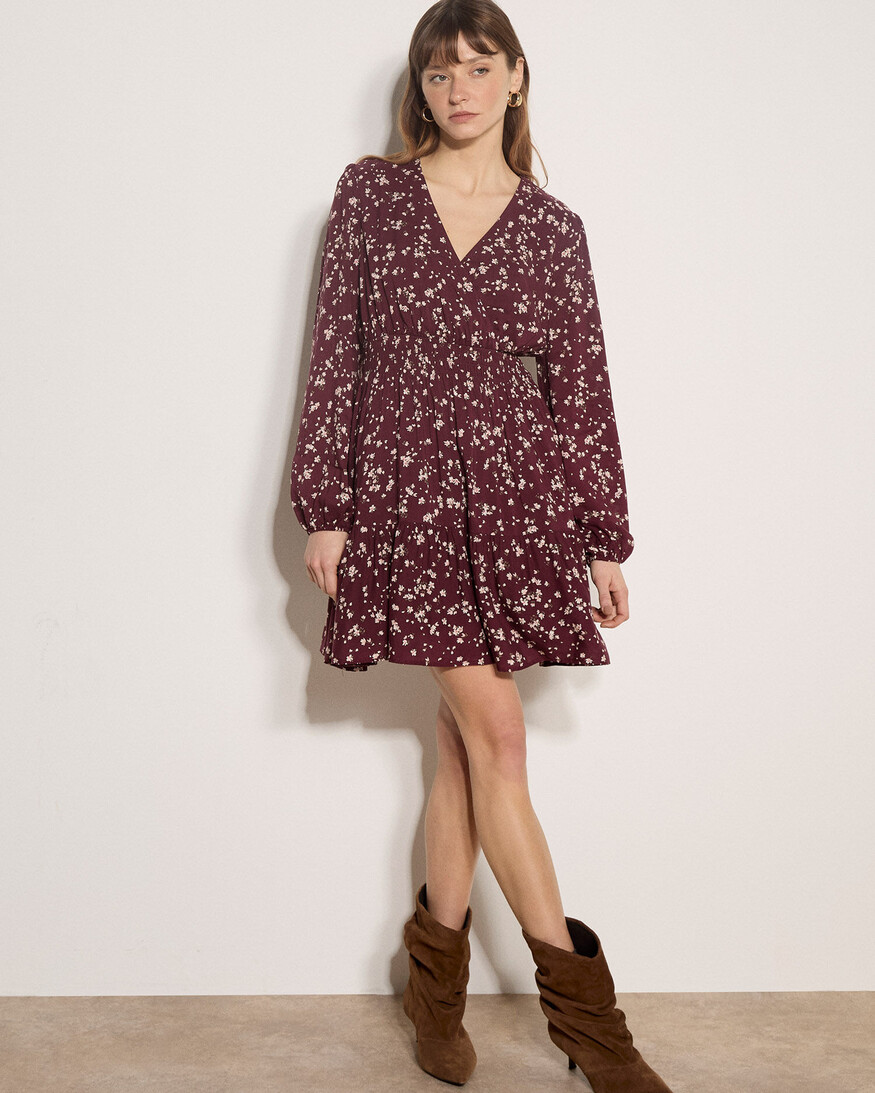 Apricot Daisy Spray Wrap Tiered Dress