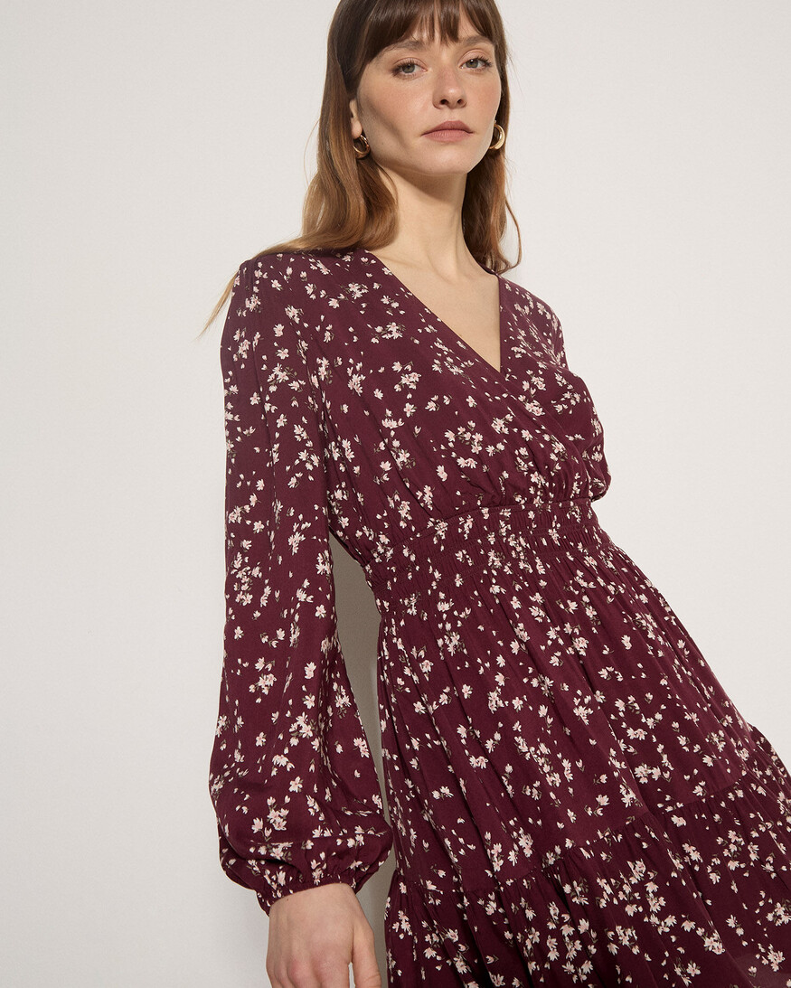 Apricot Daisy Spray Wrap Tiered Dress