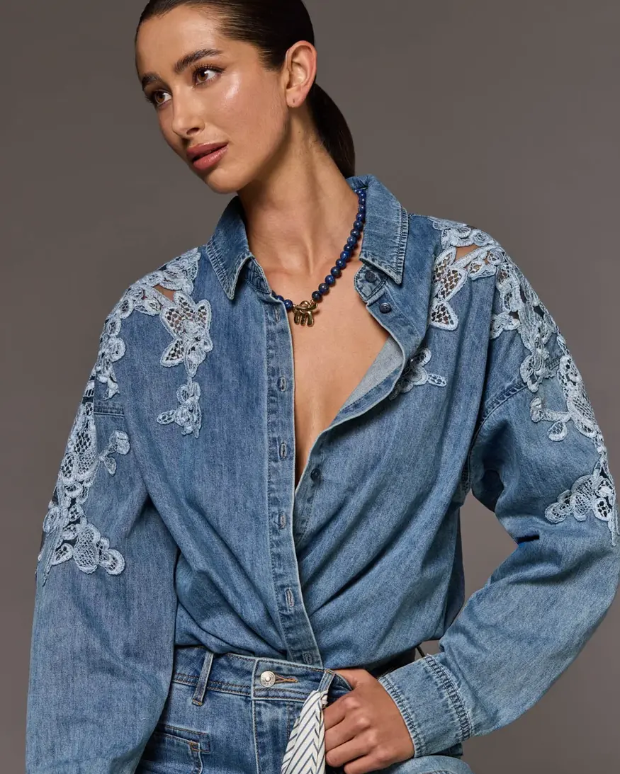 Tribal Cambree Denim Lace Shirt