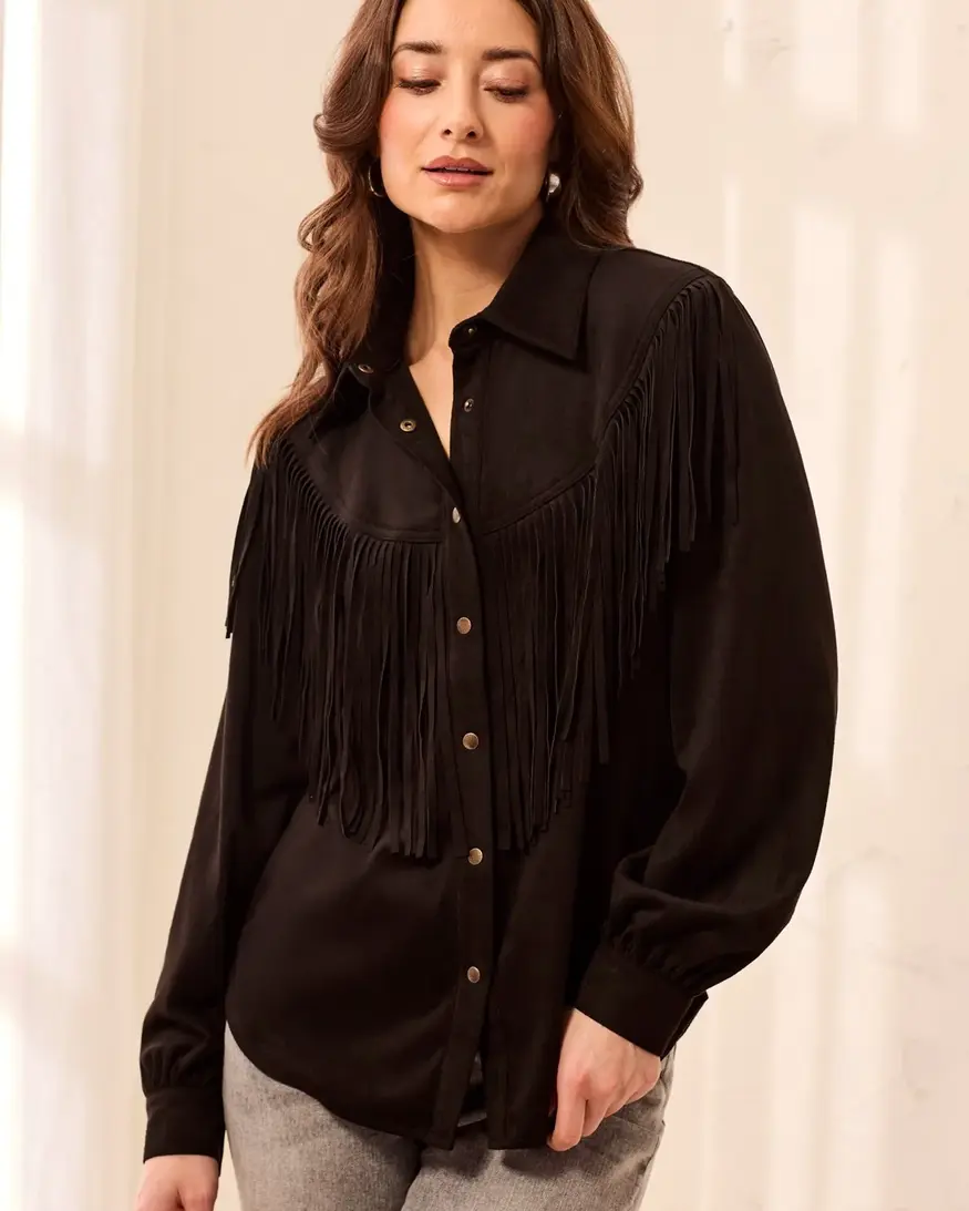 Tribal Camelia Fringe Shacket