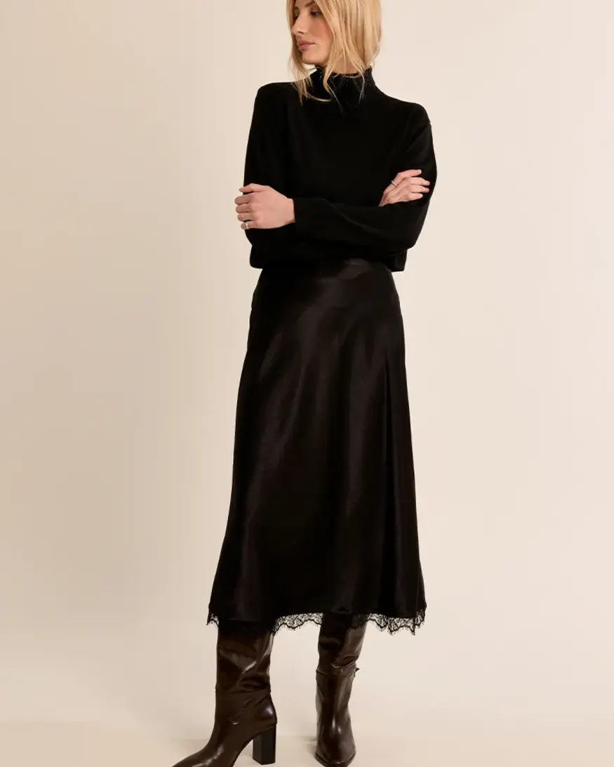 Molly Bracken Gabby Lace Trim Satin Skirt