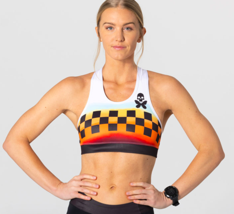 betty designs womens Racing The Sunset Sports Bra